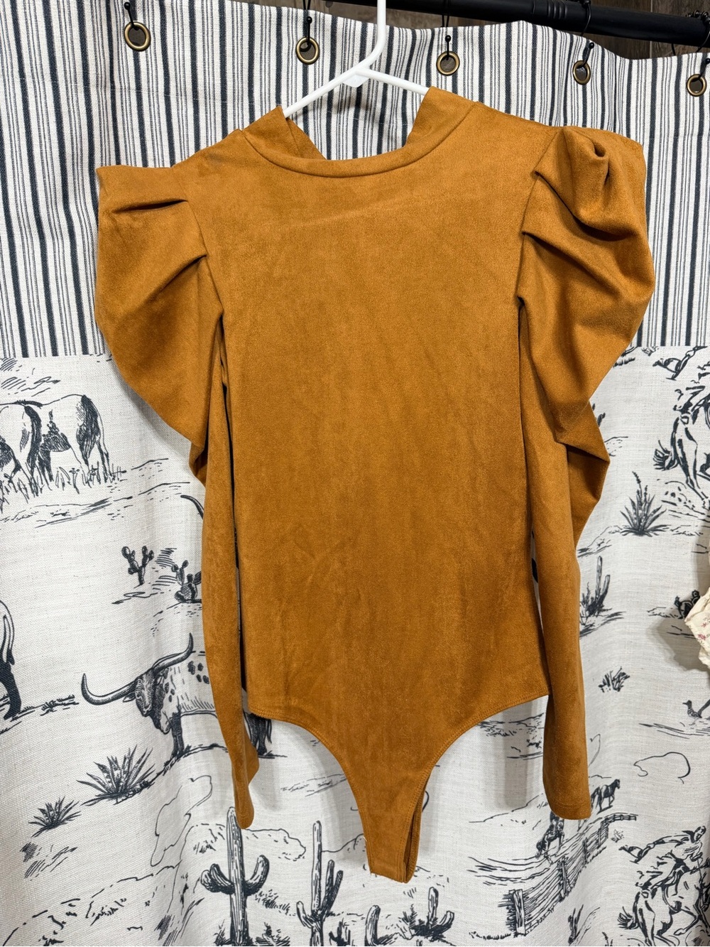 Rock & Republic Rust Puff Sleeve Suede-Look Bodysuit